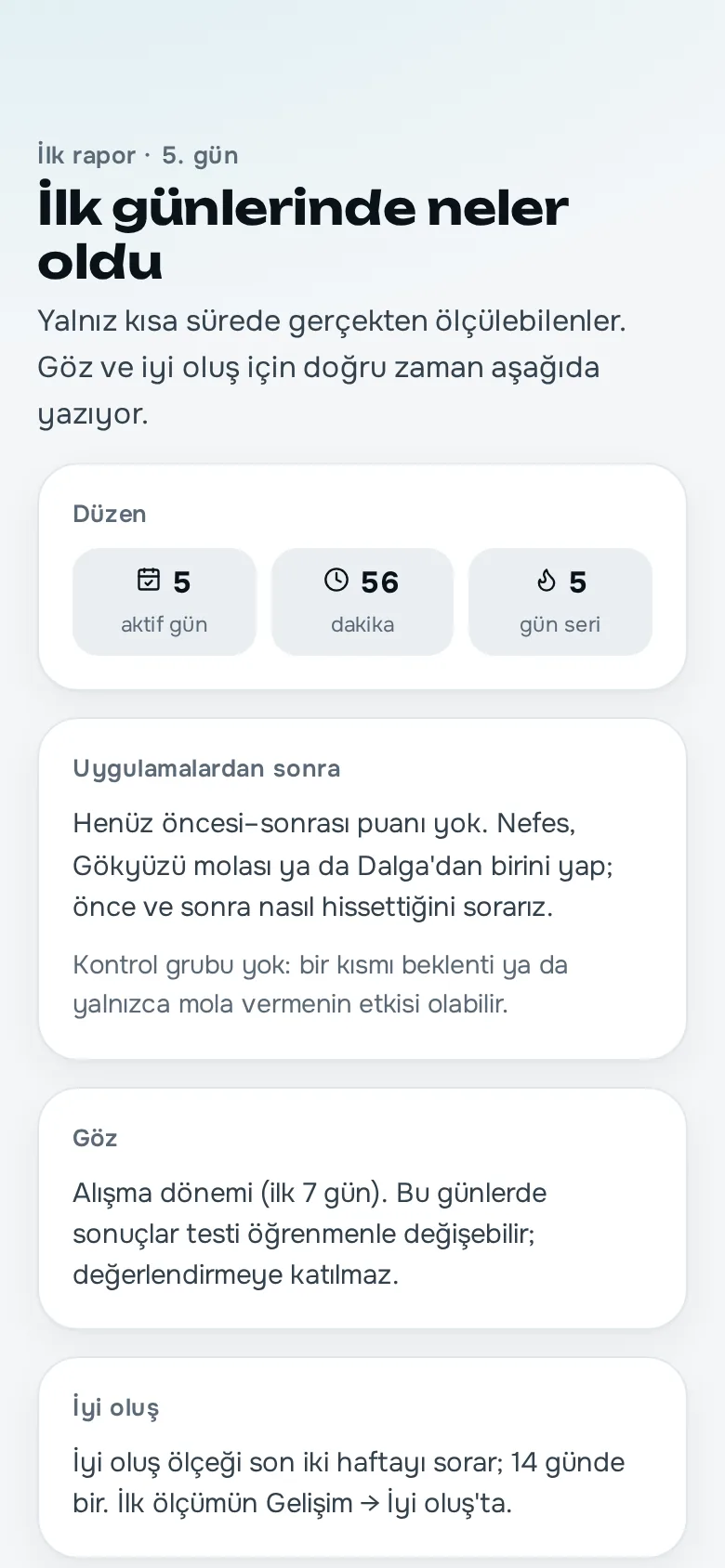 İlk rapor · 5. gün: 'İlk günlerinde neler oldu'; aktif gün, dakika ve seri sayıları, uygulamalardan sonra öncesi–sonrası puanları